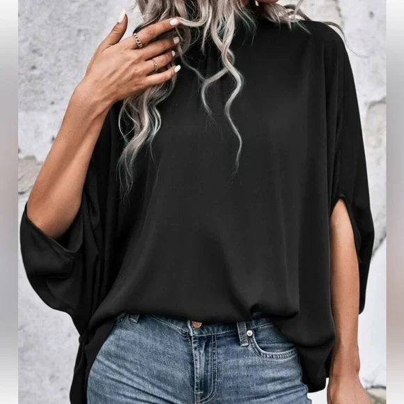 Boho Batwing Sleeve Mock Neck Tie Back Top Blouse Shirt - Picture 4 of 6